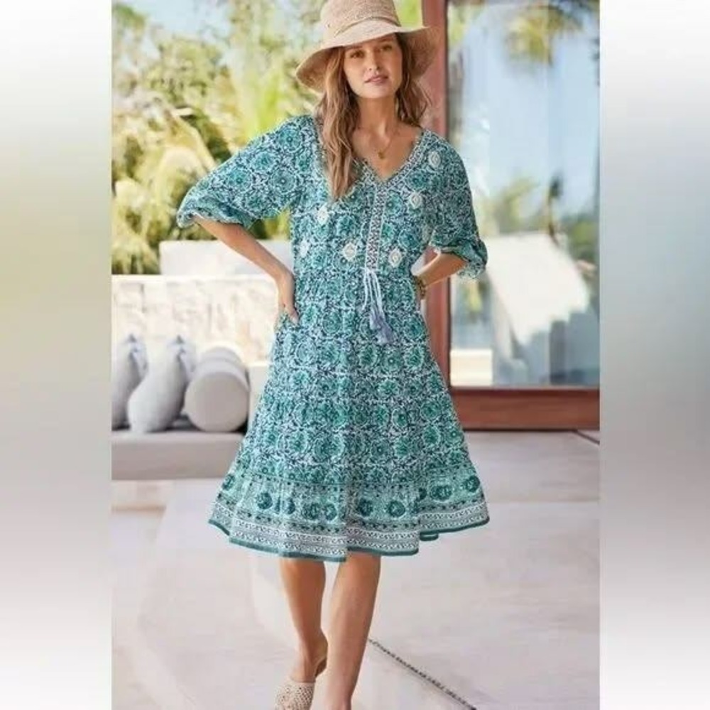 Soft Surroundings Nerissa Dress M Floral Block Print Boho Resort Beach Teal Gold